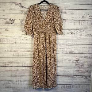 Zimmermann Tan Leopard Animal Print Maxi Dress Button Linen Resort Womens 1 US 6